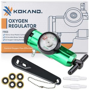 Oxygen Regulator 0-25LPM - Oxygen Tank Regulator with Gauge, CGA-870 Fitting - Includes Wrench Key, 5 Brass Yoke Washer Seals, and 2 Tubing Swivel Connectors - O2 Flow Meter - Green
