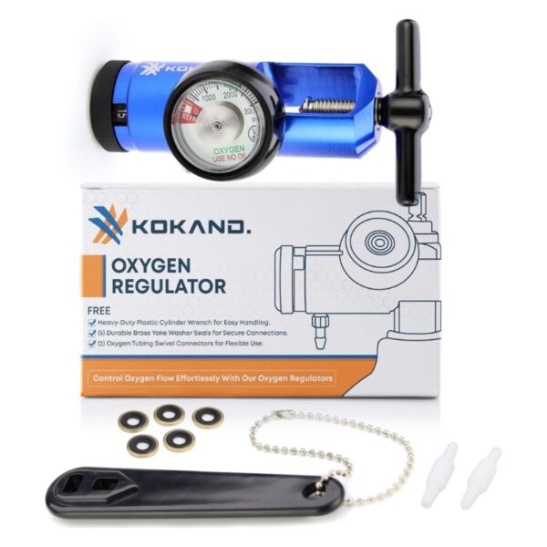 Oxygen Regulator 0-15LPM - Oxygen Tank Regulator with Gauge, CGA-870 Fitting - Includes Wrench Key, 5 Brass Yoke Washer Seals, and 2 Tubing Swivel Connectors - O2 Flow Meter - Blue