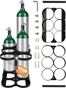 Detachable Oxygen Tank Holder (6) for E, D, M9/C Size Cylinders - Heavy Duty Metal Storage Rack - Portable Oxygen Tank Carrier for Travel & Vehicle Use (Black) (4.5" Wide Slots)