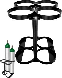 Detachable Oxygen Tank Holder (4) for E, D, M9/C Size Cylinders - Heavy Duty Metal Storage Rack - Portable Oxygen Tank Carrier for Travel & Vehicle Use (Black) (4.5" Wide Slots)